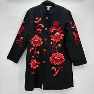 Indigo Moon Womens Long Embroidered Rosettes Floral Boho Asian Art Coat Large